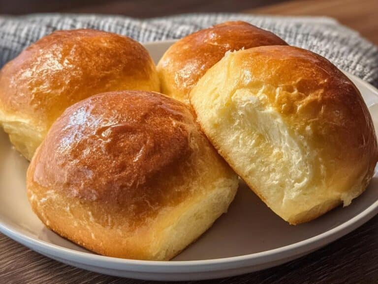 Four golden brown, fluffy No-Yeast Dinner Rolls piled on a white plate, one is split open showing the soft interior.