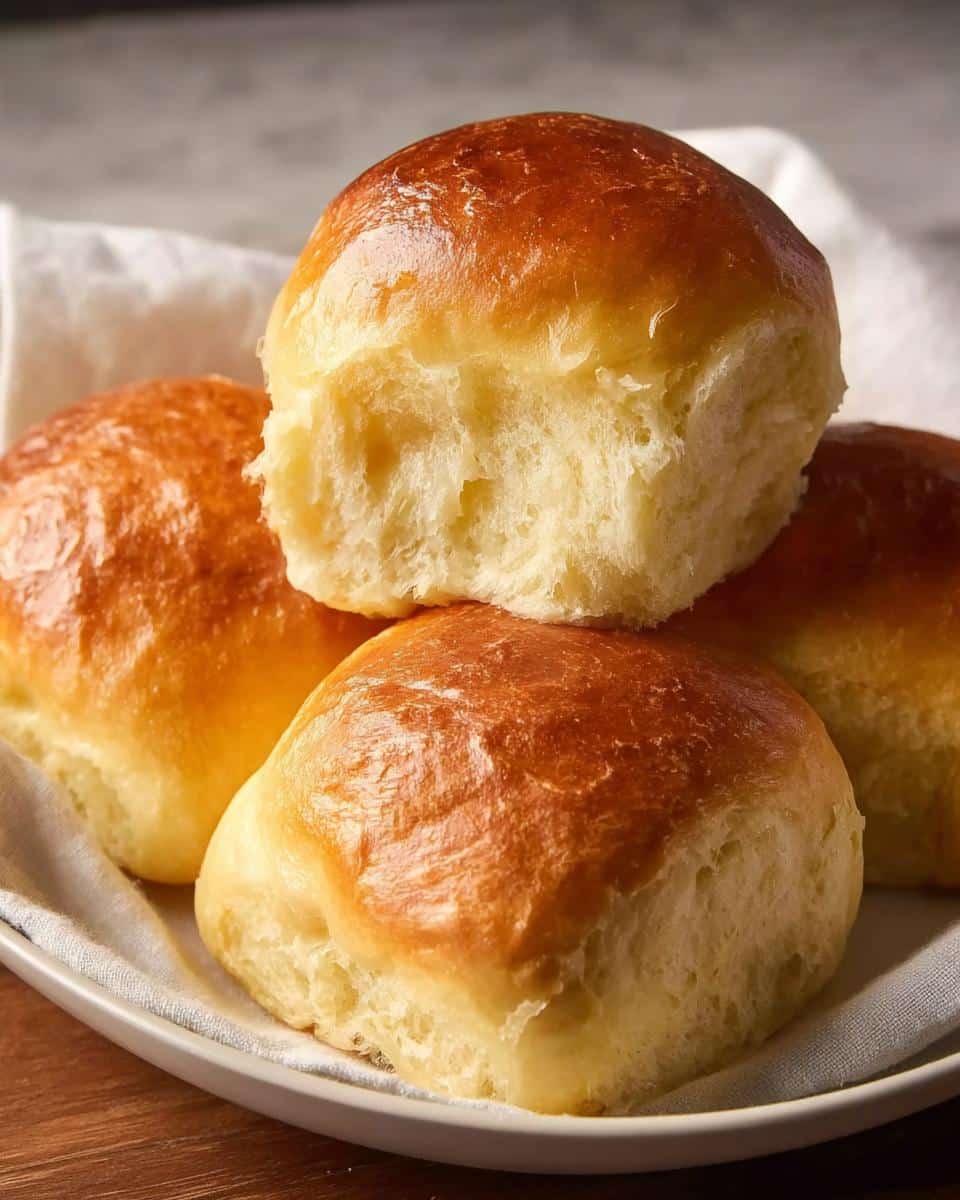 Close-up of several golden-brown, fluffy No-Yeast Dinner Rolls stacked on a white plate.