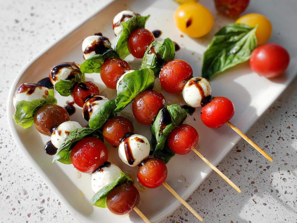 Close-up of several Caprese skewers featuring cherry tomatoes, mozzarella balls, basil, and drizzled with balsamic glaze.