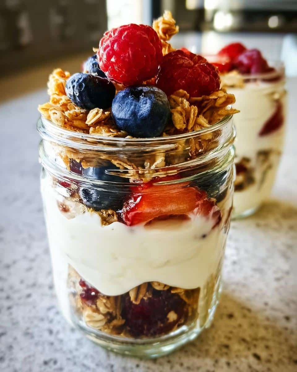 A layered Fruit & Yogurt Parfait Dessert in a mason jar topped with fresh raspberries, blueberries, and granola.
