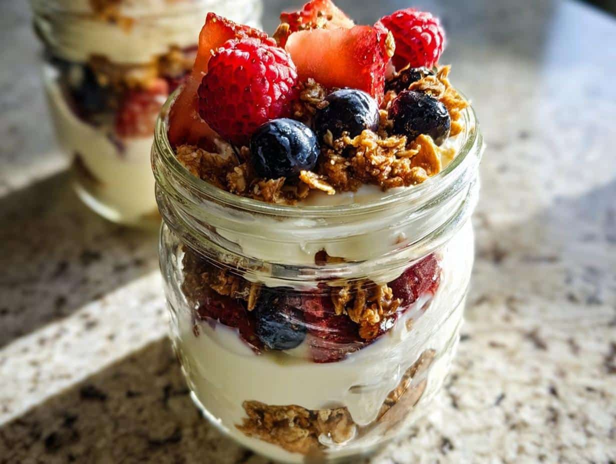A close-up of a layered Fruit & Yogurt Parfait Dessert in a glass jar, topped with fresh berries and granola.