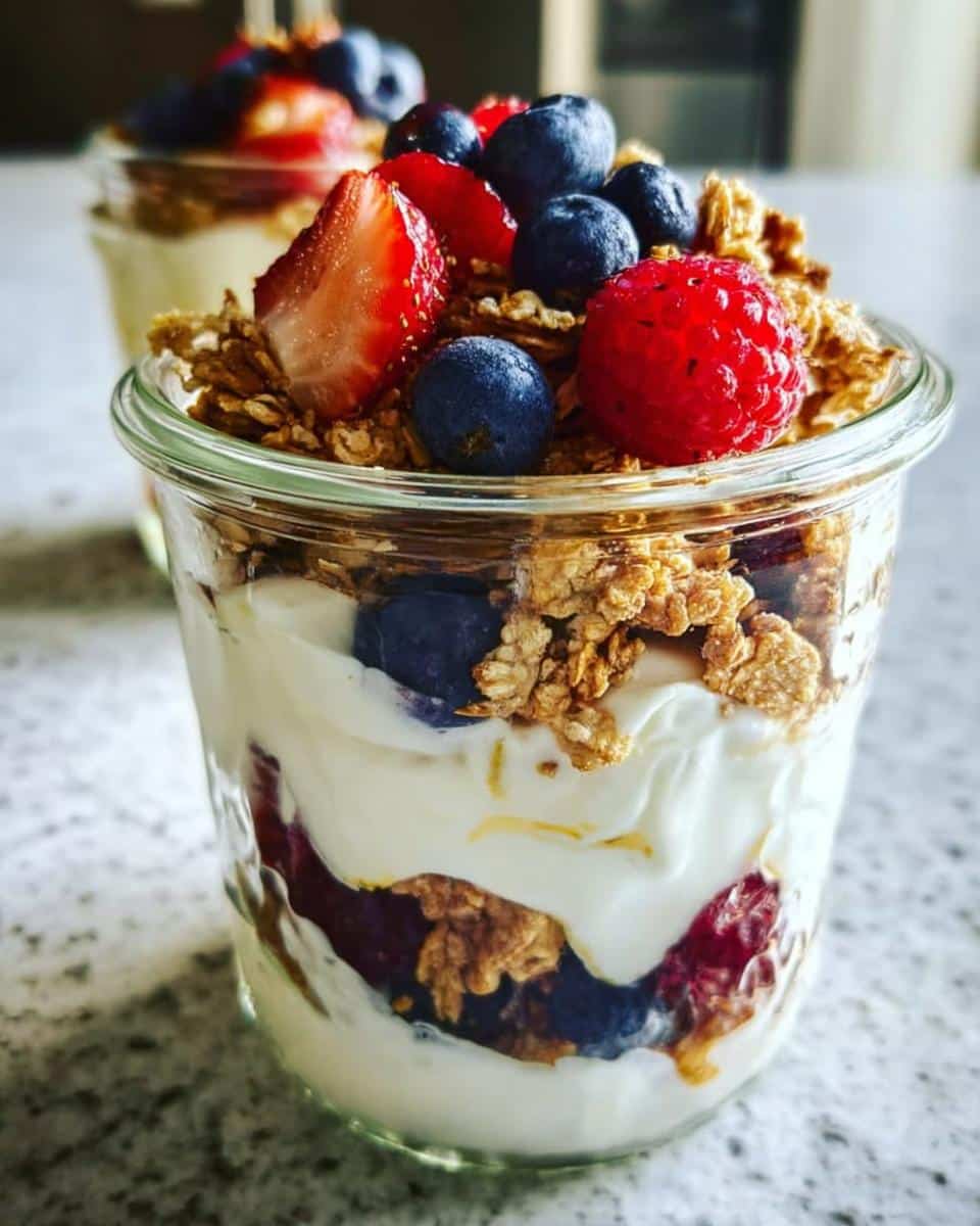 Close-up of a layered Fruit & Yogurt Parfait Dessert in a glass jar, topped with fresh berries and granola.