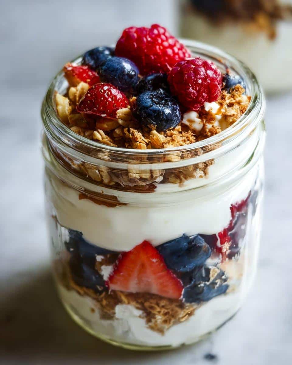 Close-up of a layered Fruit & Yogurt Parfait Dessert in a glass jar, topped with fresh raspberries, blueberries, and granola.