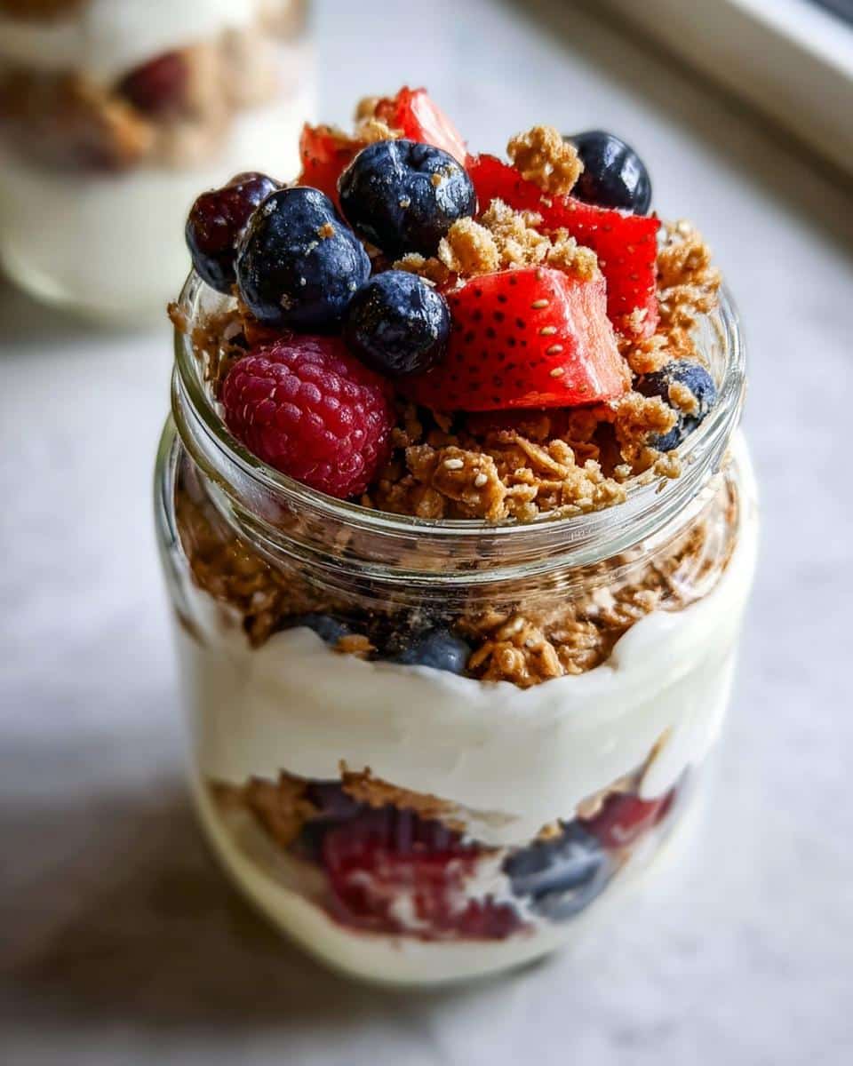 Close-up of a layered Fruit & Yogurt Parfait Dessert in a small glass jar, topped with fresh berries and granola.