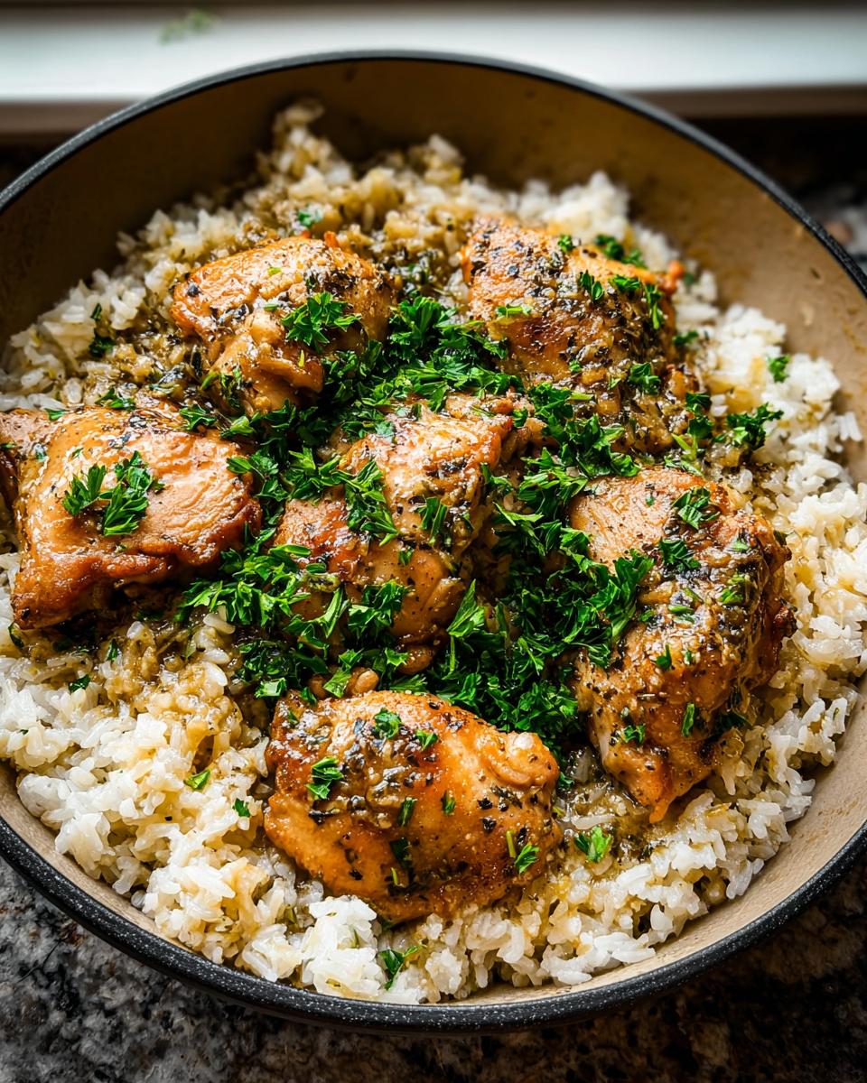 Close-up of a Garlic Butter Chicken Rice Bowl with saucy chicken thighs over white rice, topped with fresh parsley.