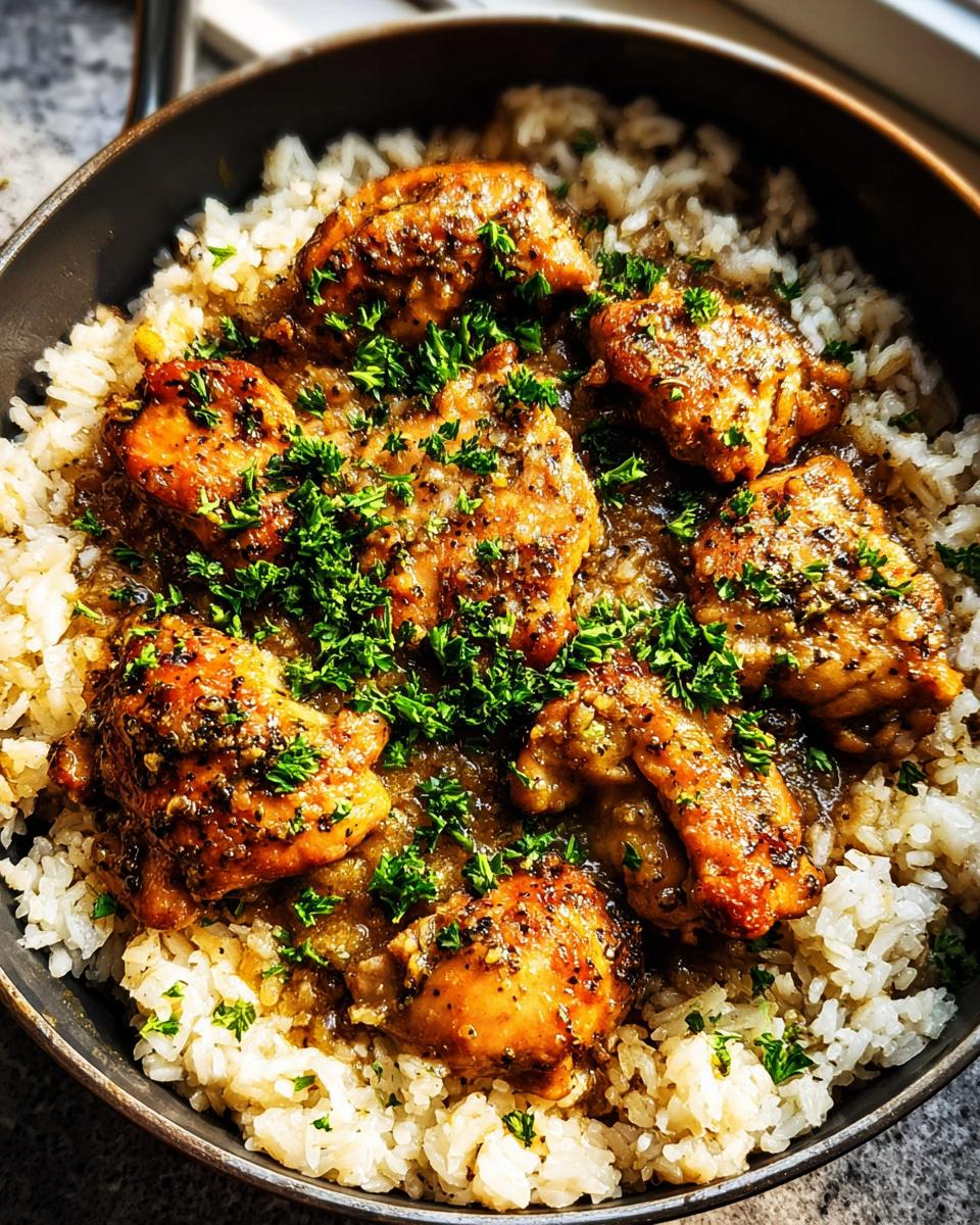 Close-up of a Garlic Butter Chicken Rice Bowl featuring glazed chicken pieces over white rice, topped with fresh parsley.