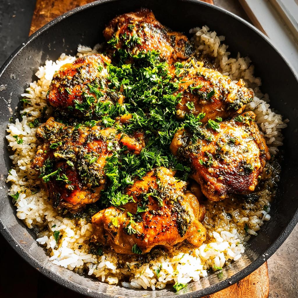 Five pieces of glazed chicken thighs served over white rice, topped generously with fresh parsley in a skillet, showcasing the Garlic Butter Chicken Rice Bowl.