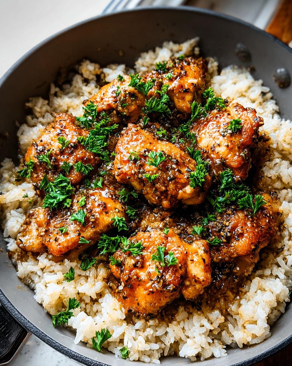 Close-up of Garlic Butter Chicken Rice Bowl featuring glazed chicken pieces over fluffy rice, garnished with parsley.