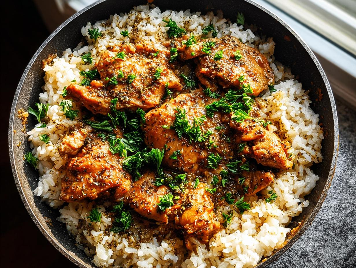 Overhead view of Garlic Butter Chicken Rice Bowl featuring seasoned chicken pieces over white rice, garnished with fresh parsley.