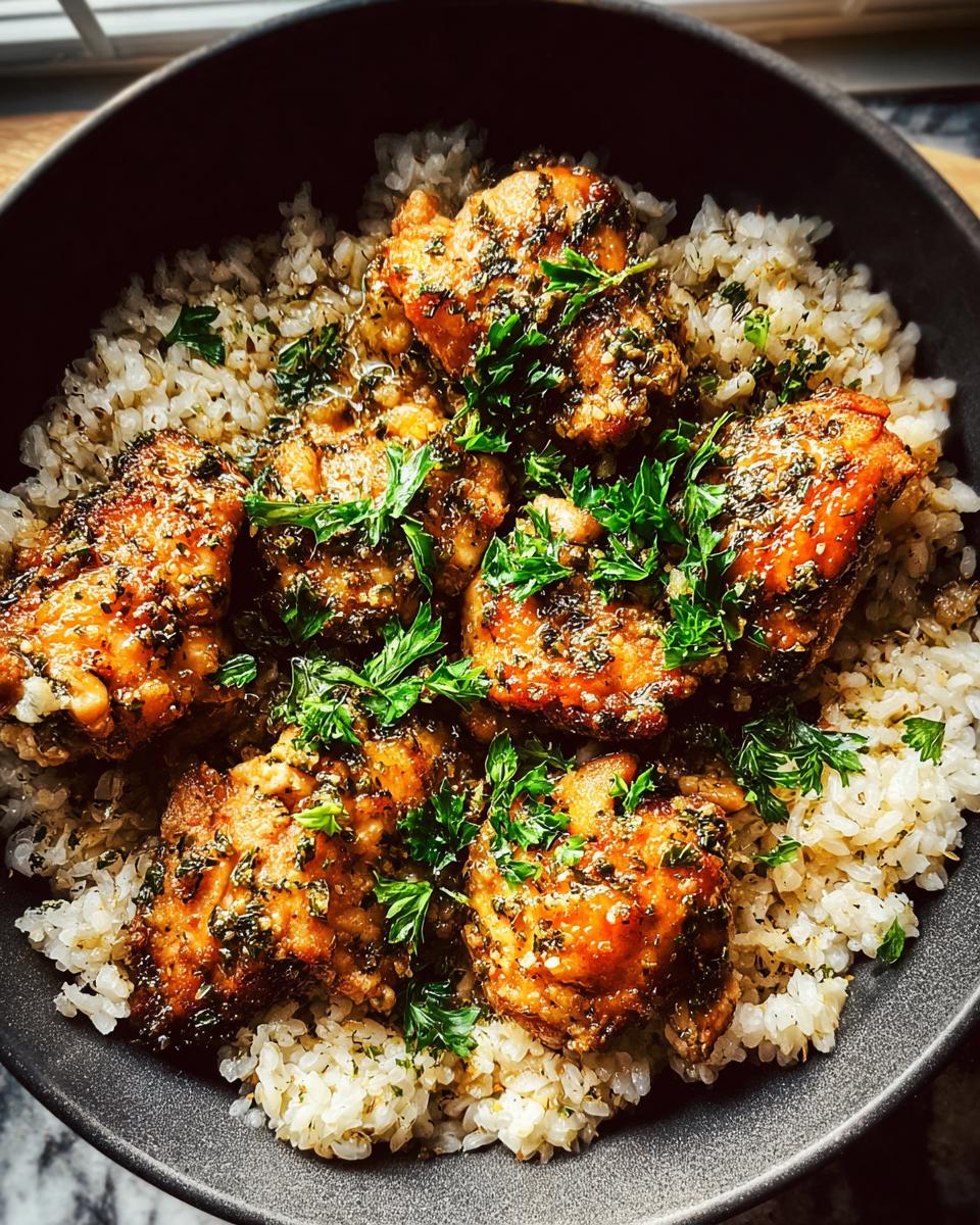 Overhead view of a Garlic Butter Chicken Rice Bowl with glazed chicken pieces over rice, topped with fresh parsley.