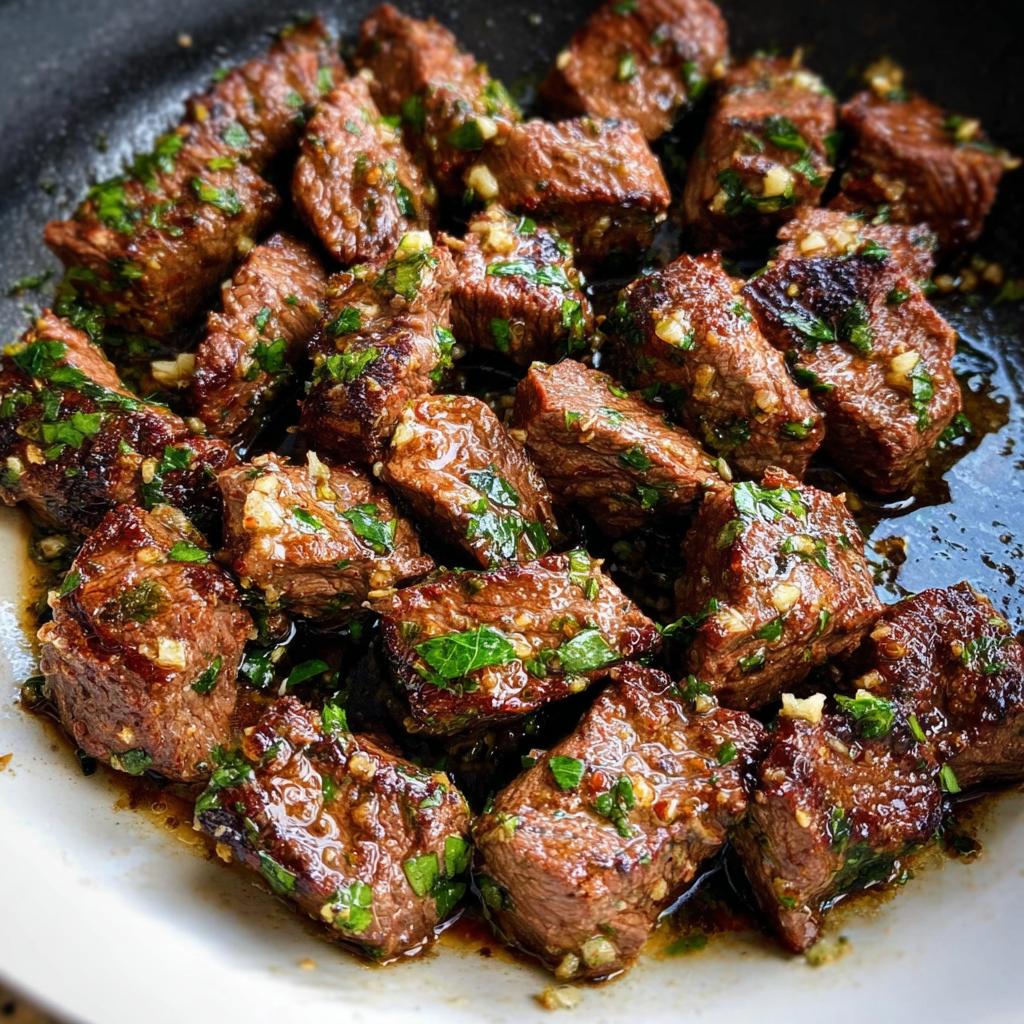 Close-up of perfectly seared Garlic Butter Steak Bites coated in a rich sauce with minced garlic and parsley.