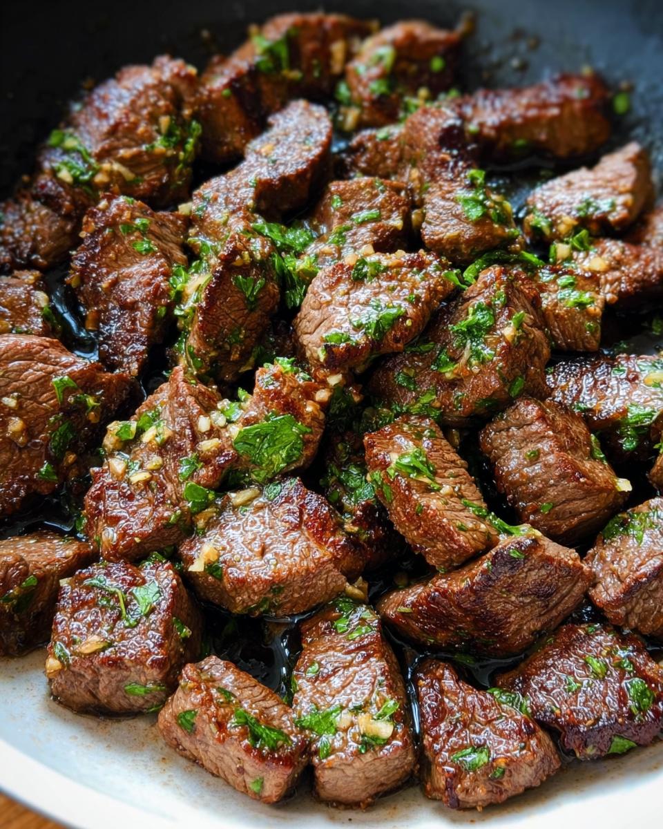 Close-up of perfectly seared Garlic Butter Steak Bites coated in a glossy sauce with minced garlic and fresh parsley.