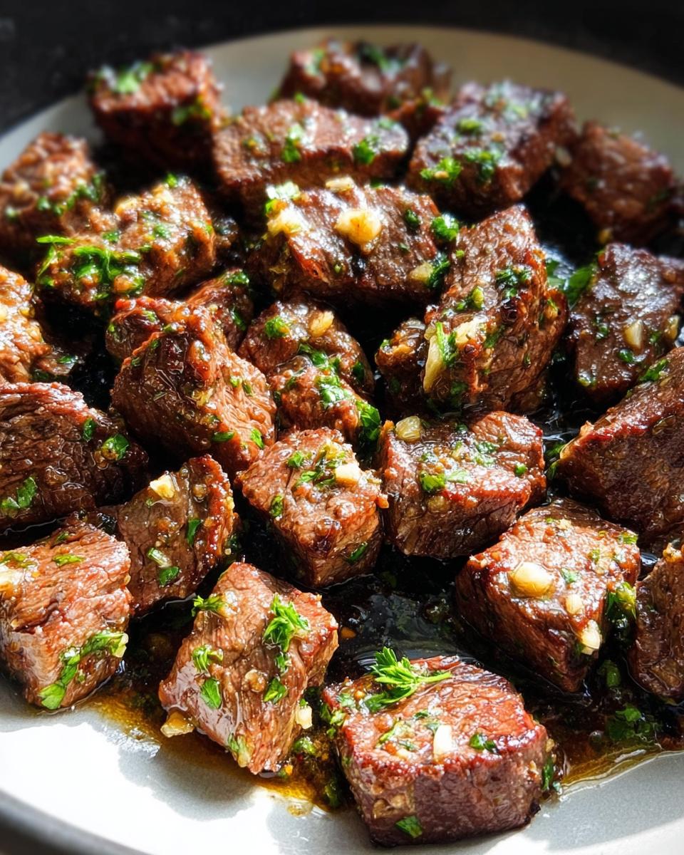 Close-up of perfectly seared Garlic Butter Steak Bites coated in a rich, glossy sauce with visible minced garlic and parsley.