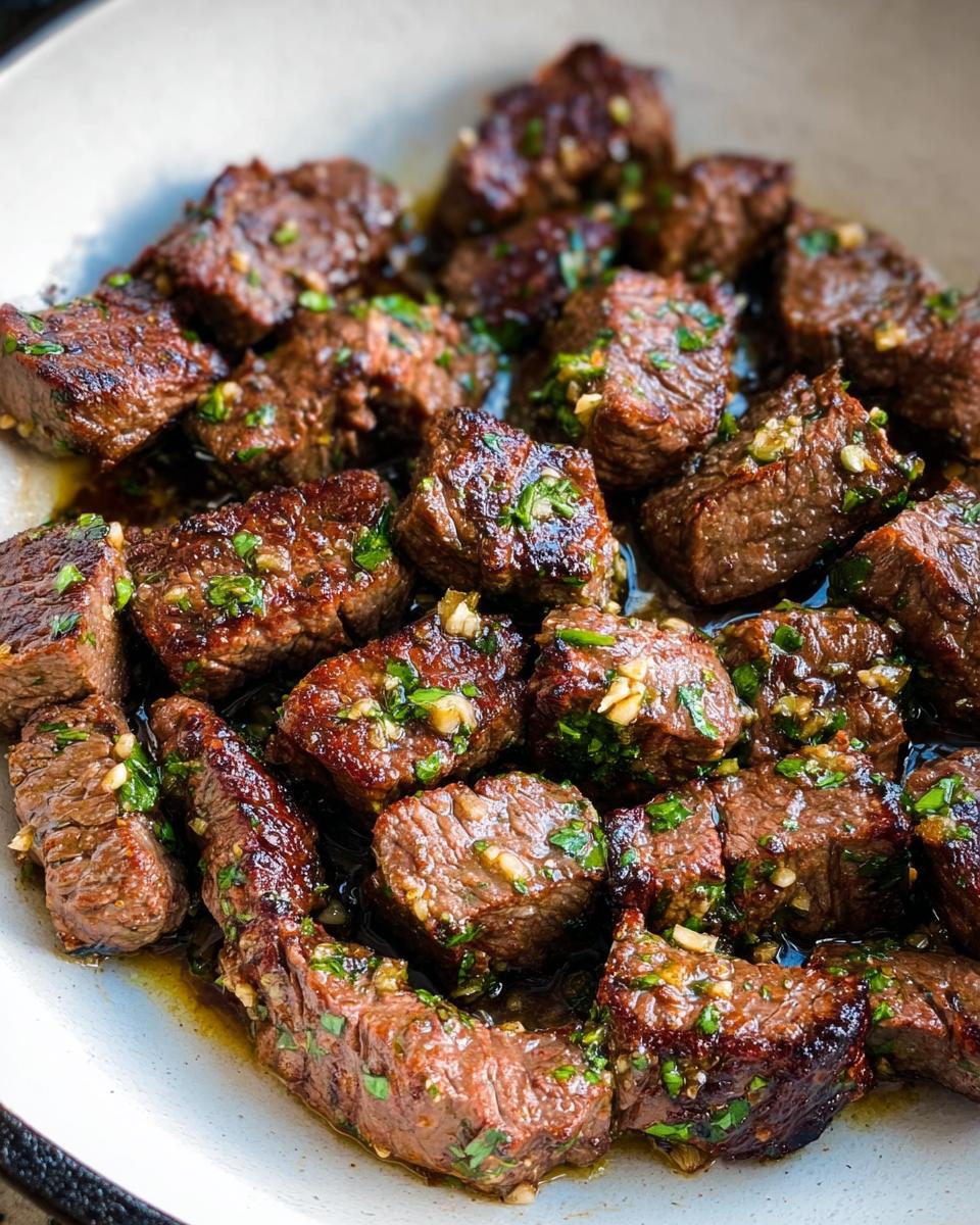 Close-up of perfectly seared Garlic Butter Steak Bites coated in a rich sauce with visible minced garlic and parsley.