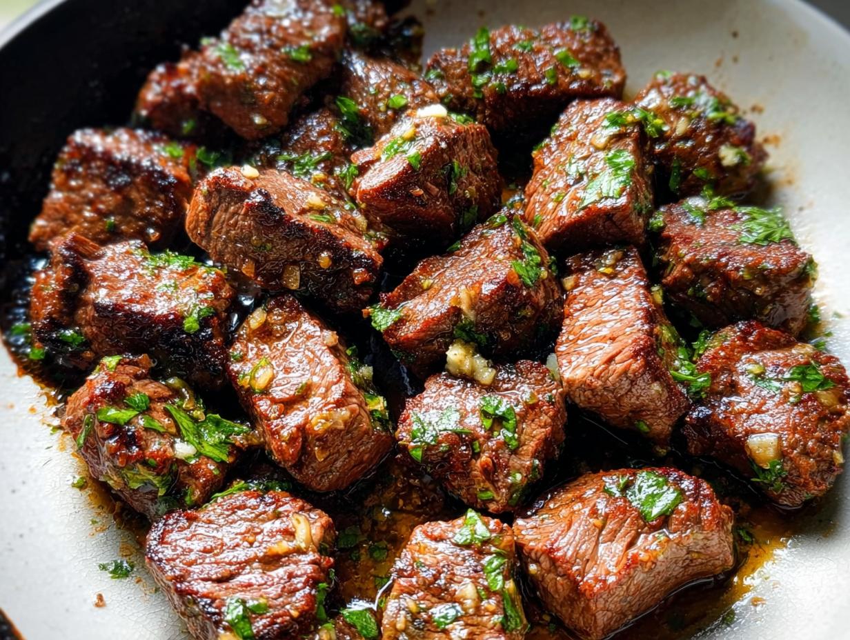Close-up of perfectly seared Garlic Butter Steak Bites coated in a rich sauce with visible minced garlic and fresh parsley.