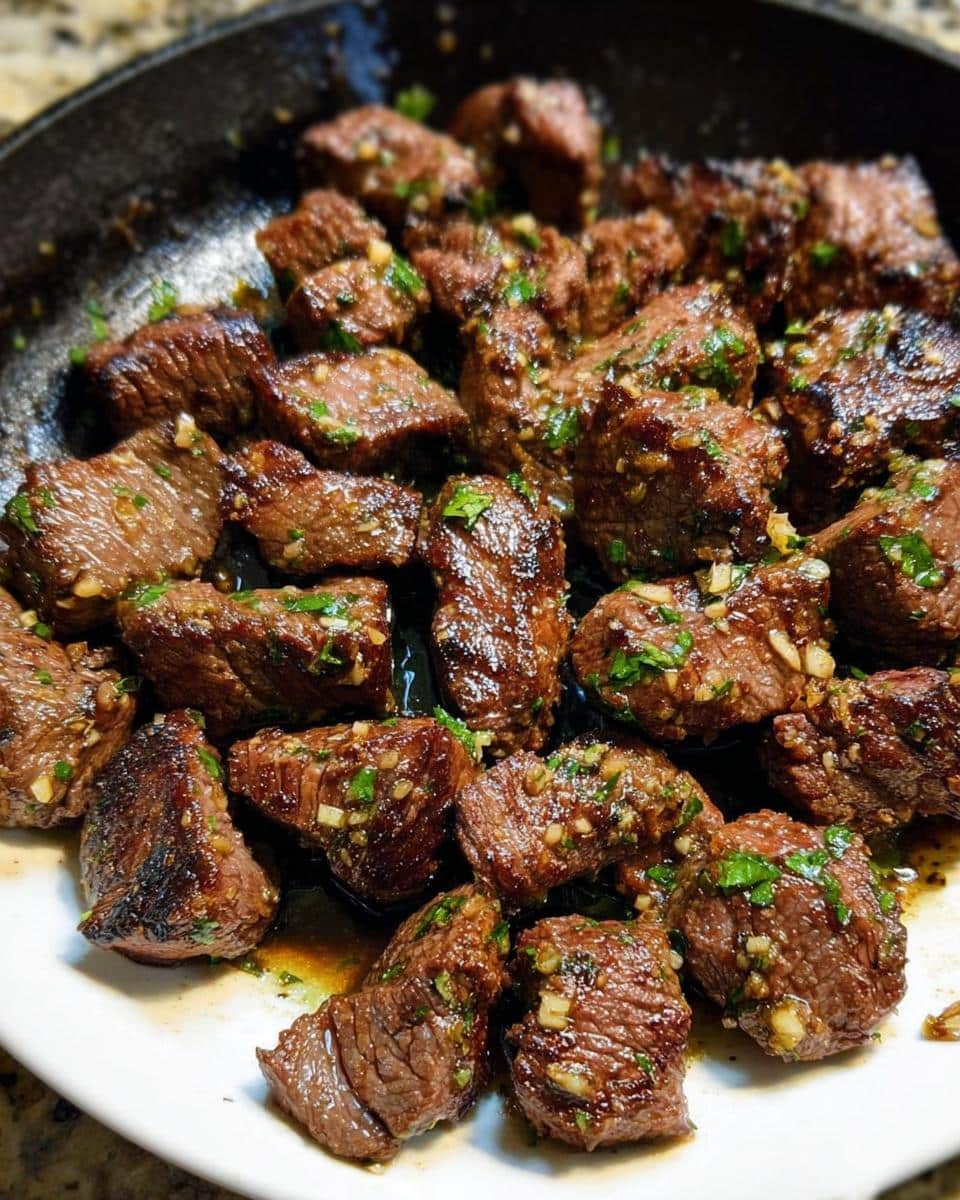 Close-up of perfectly seared Garlic Butter Steak Bites glistening with sauce and fresh parsley.