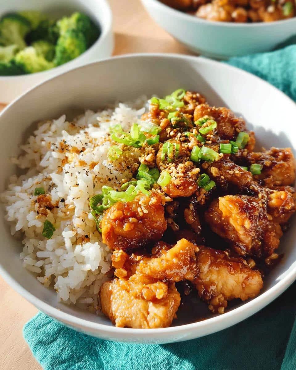 A close-up of a white bowl filled with white rice and saucy pieces of Garlic Chicken Rice Bowl, topped with chopped green onions.