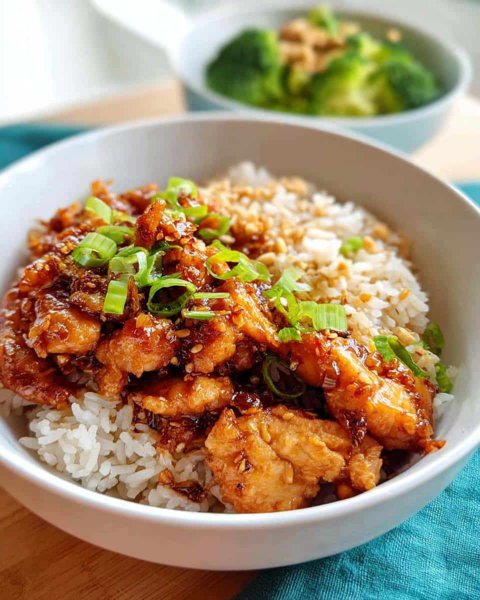 Close-up of a Garlic Chicken Rice Bowl featuring glazed chicken pieces over white rice, topped with green onions.