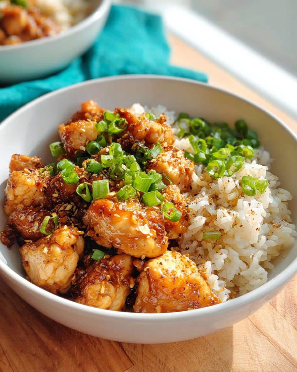 Close-up of a Garlic Chicken Rice Bowl featuring glazed chicken pieces, white rice, and fresh green onions.