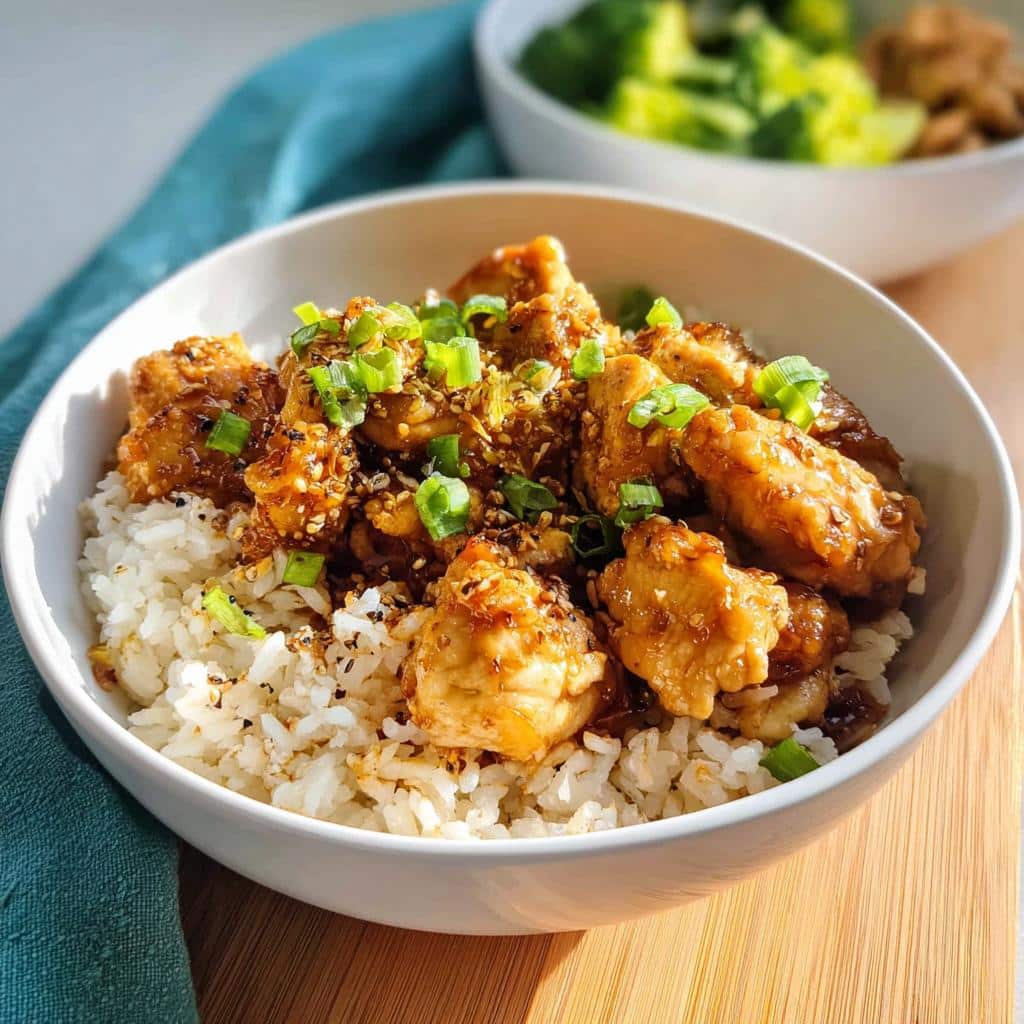 A white bowl filled with white rice topped with saucy Garlic Chicken Rice Bowl pieces and green onions.