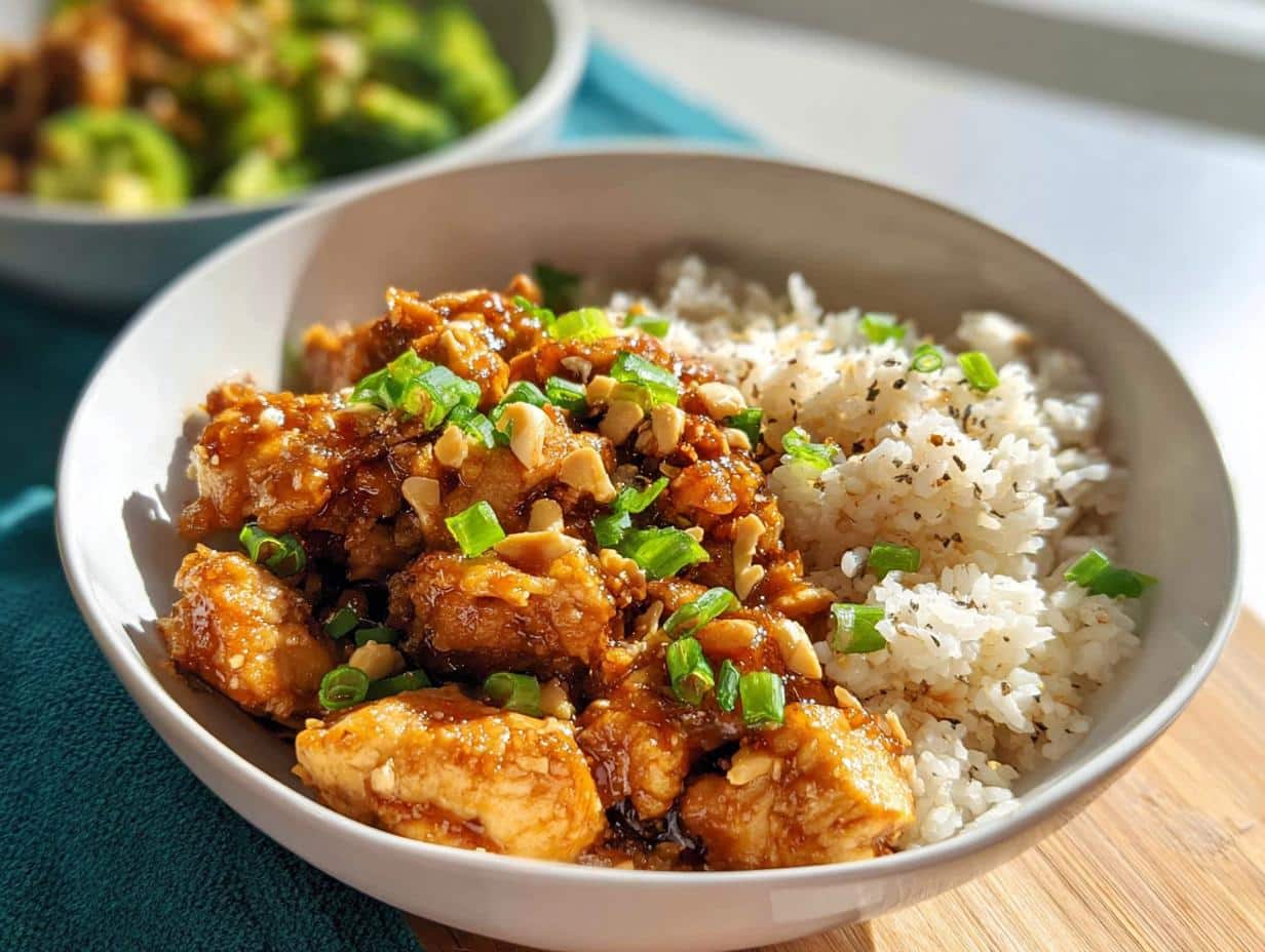Close-up of a Garlic Chicken Rice Bowl featuring glazed chicken pieces, white rice, and green onions.