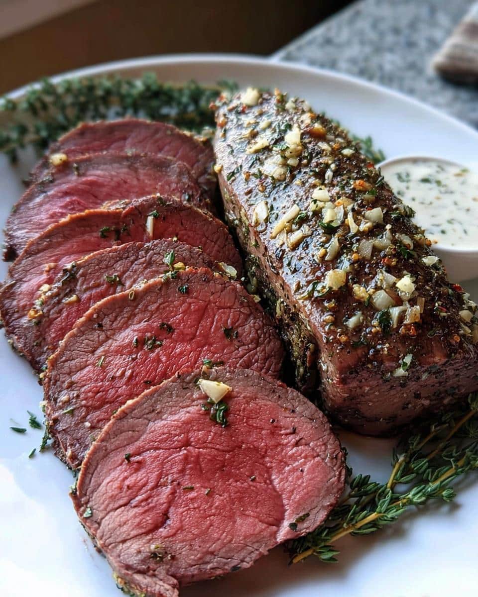 Slices of medium-rare Garlic Herb Christmas Beef Tenderloin served with fresh thyme and a side of creamy sauce.