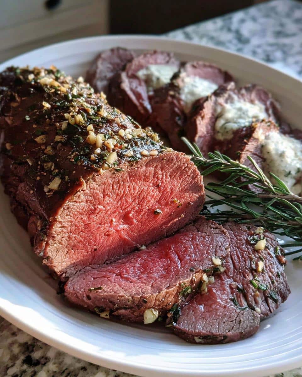 A perfectly cooked Garlic Herb Christmas Beef Tenderloin, sliced to show medium-rare center, garnished with rosemary.