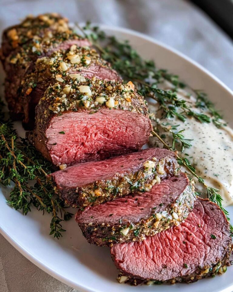 Perfectly cooked Garlic Herb Christmas Beef Tenderloin, sliced to show medium-rare interior and herb crust, served with sauce.