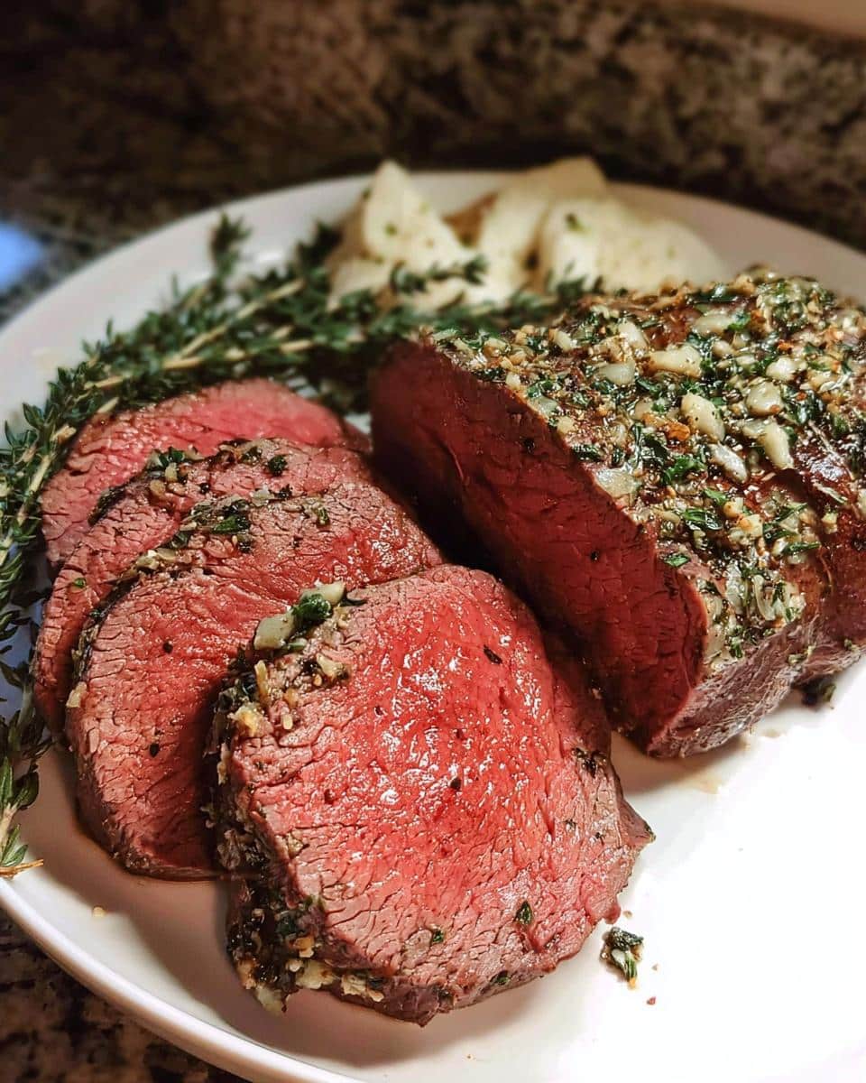 Slices of medium-rare Garlic Herb Christmas Beef Tenderloin topped with a glistening herb and garlic crust, served with thyme.