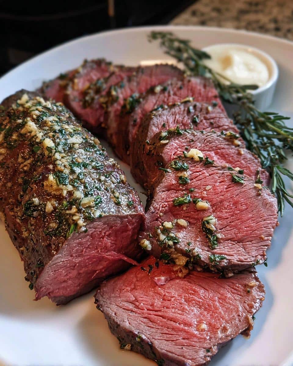 Slices of medium-rare Garlic Herb Christmas Beef Tenderloin covered in a rich garlic and herb crust, served on a white plate.