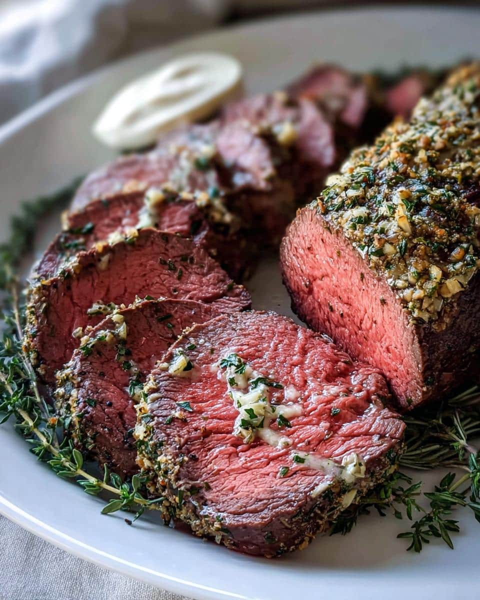 Slices of medium-rare Garlic Herb Christmas Beef Tenderloin resting on a white platter with fresh thyme.