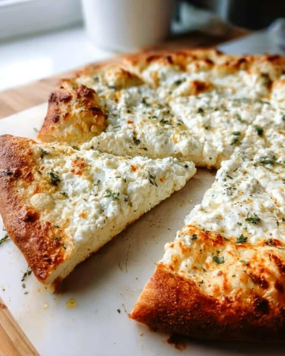 A close-up of a freshly baked Garlic White Pizza with Ricotta, showing a thick, golden crust and creamy white topping.