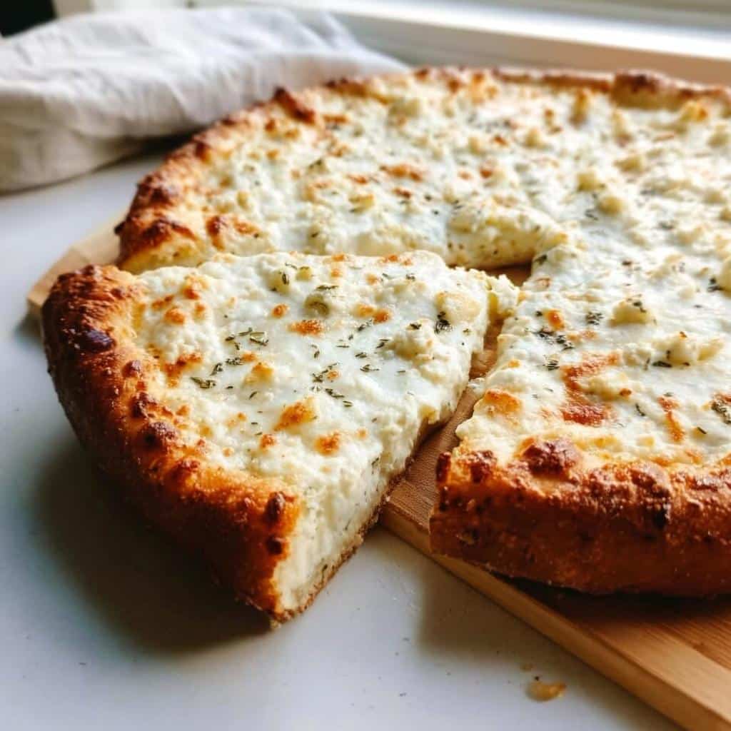 A close-up of a freshly baked Garlic White Pizza with Ricotta, featuring a thick, golden crust and creamy white topping.