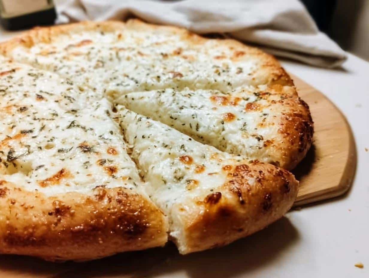 A freshly baked Garlic White Pizza with Ricotta, topped with herbs, sliced and resting on a wooden board.