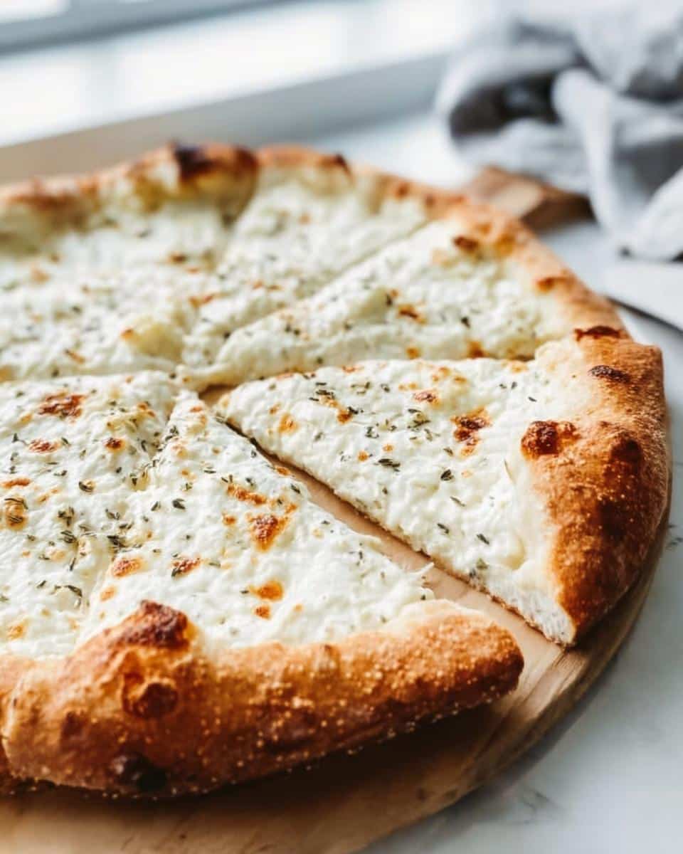 A freshly baked Garlic White Pizza with Ricotta, sliced and ready to serve on a wooden board.