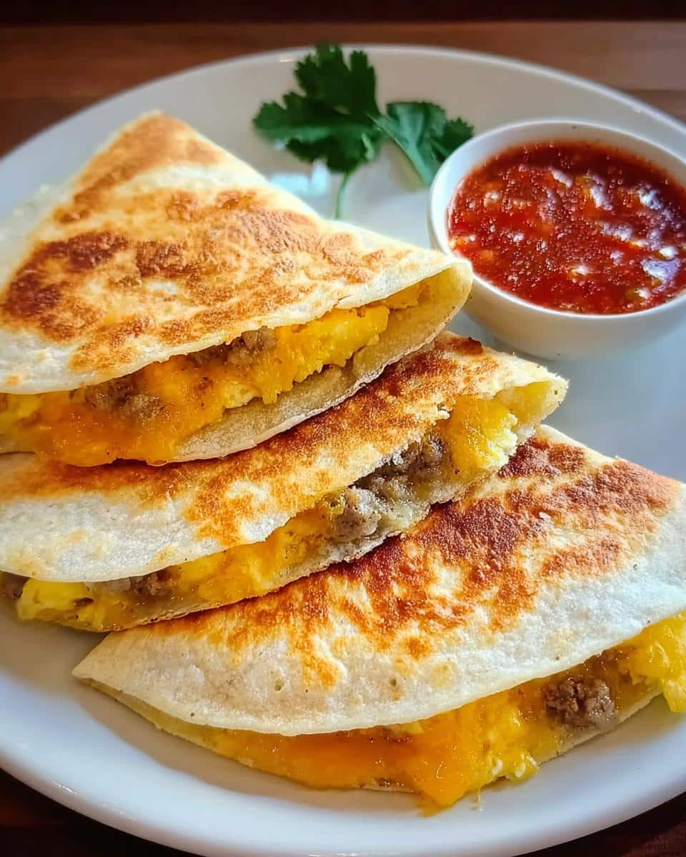 Three stacked wedges of a golden-brown Gluten-Free Breakfast Quesadilla filled with eggs and sausage, served with salsa.
