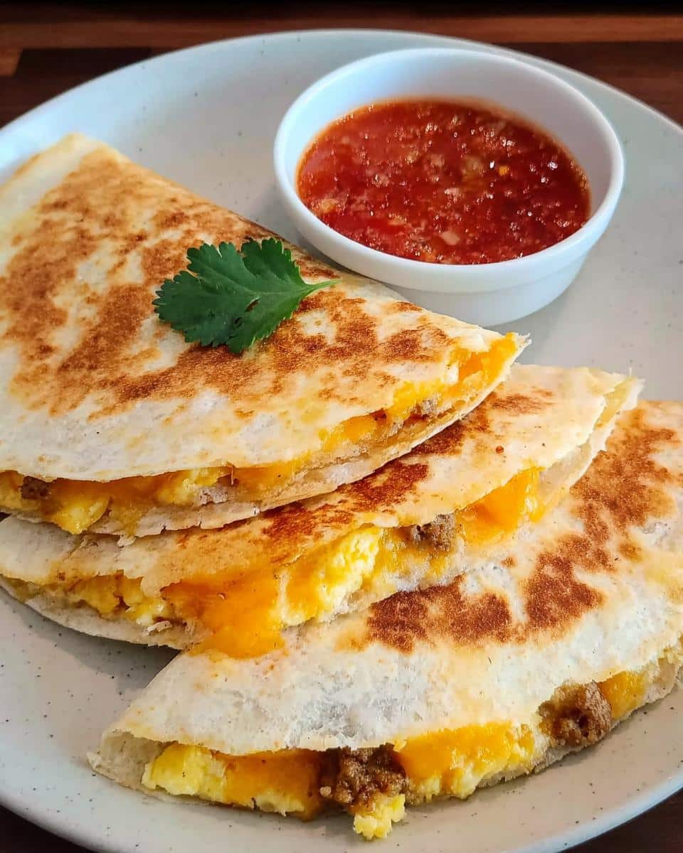Three stacked slices of a golden-brown Gluten-Free Breakfast Quesadilla filled with eggs and cheese, served with salsa.
