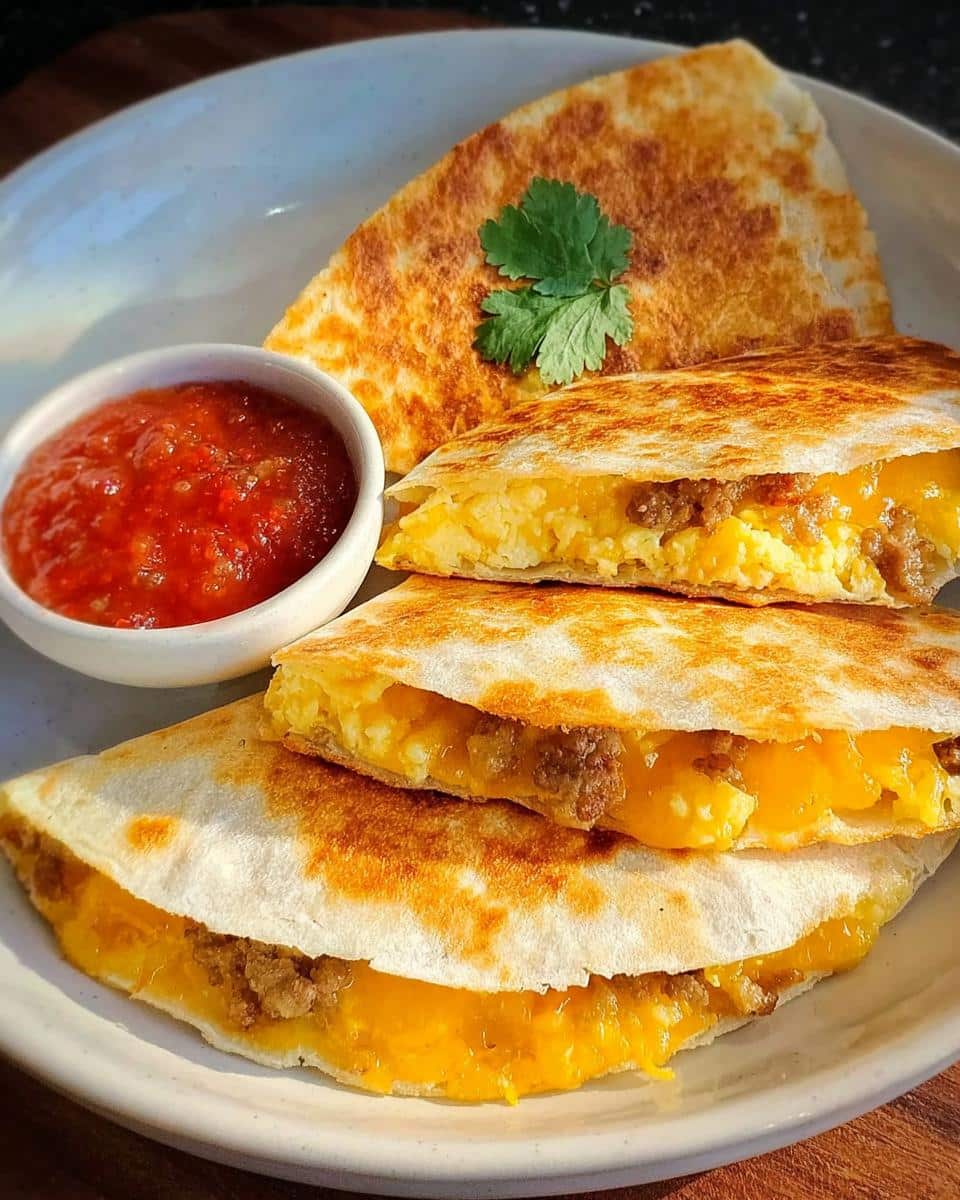 Slices of a golden-brown Gluten-Free Breakfast Quesadilla filled with melted cheese, eggs, and sausage, served with salsa.