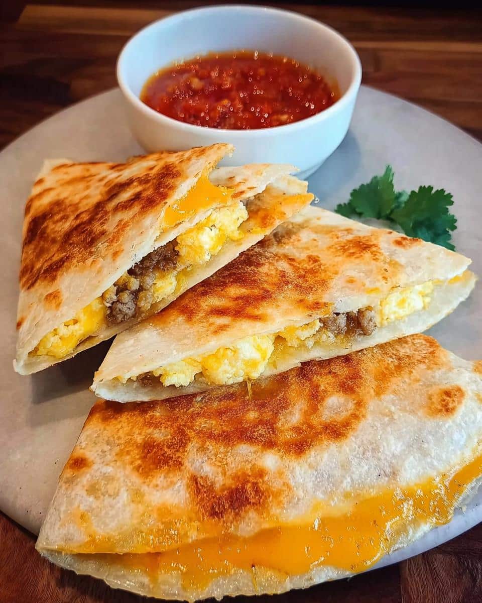 Three slices of a golden-brown Gluten-Free Breakfast Quesadilla filled with scrambled eggs and sausage, served with salsa.