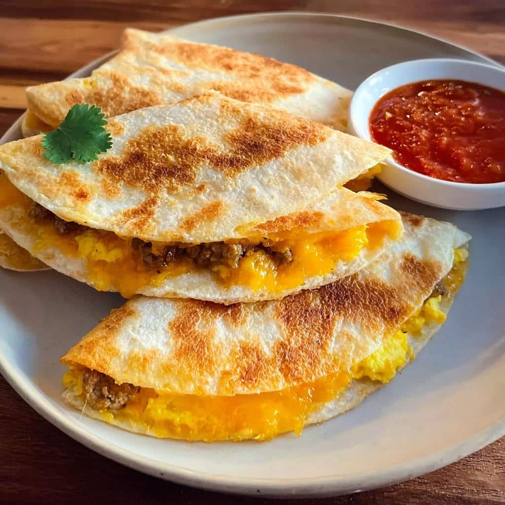 Three folded slices of Gluten-Free Breakfast Quesadilla filled with scrambled eggs and meat, served with a side of salsa.