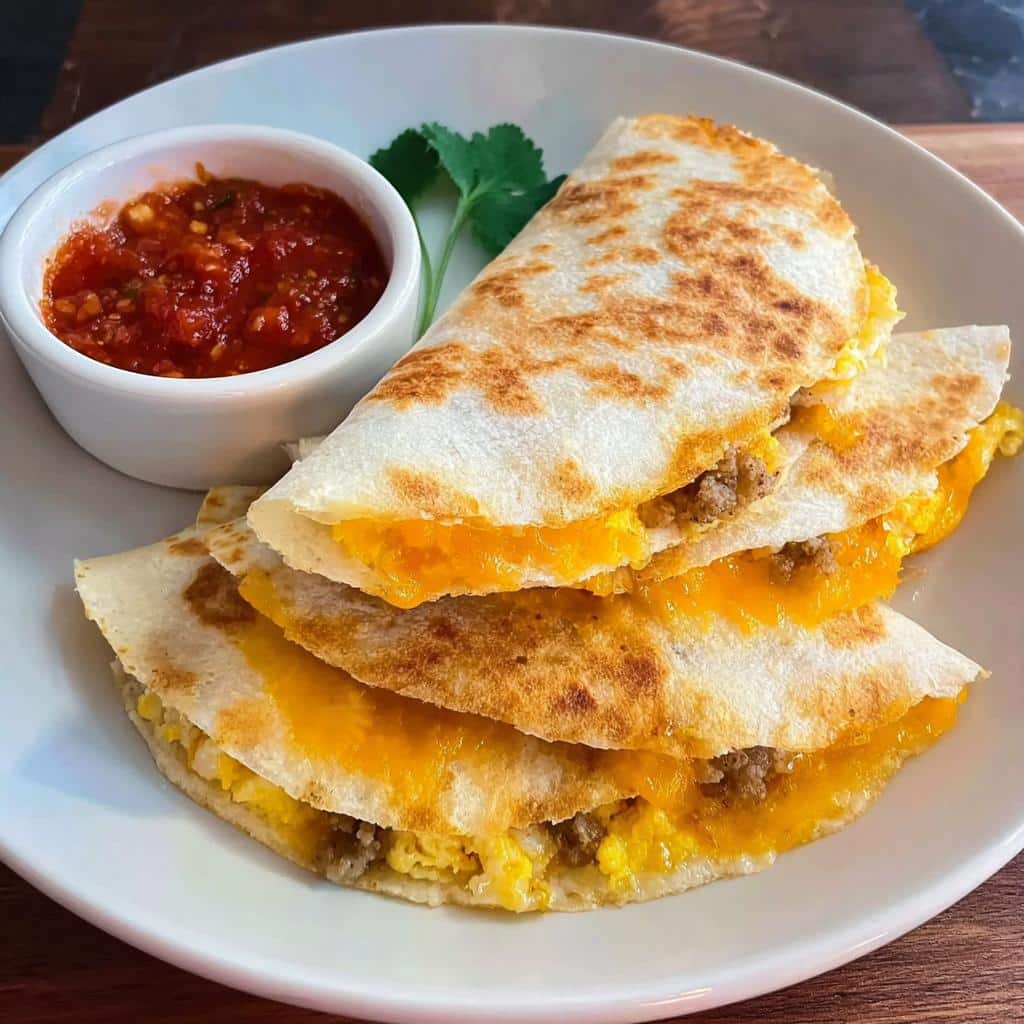 Stack of folded Gluten-Free Breakfast Quesadilla wedges filled with melted cheese and sausage, served with salsa.