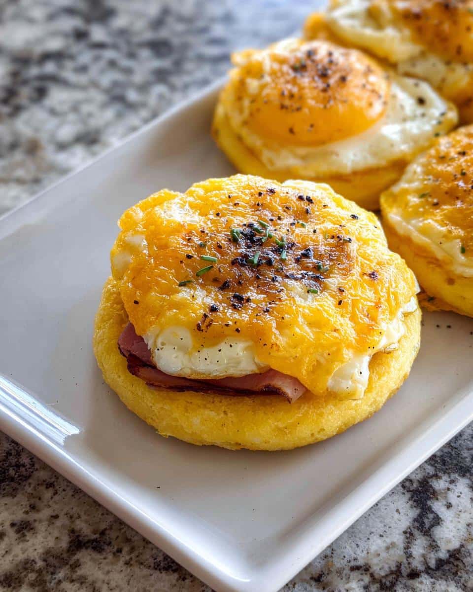 A close-up of a Gluten-Free Breakfast Sandwich (No Bread) featuring egg, ham, and melted cheddar cheese on a yellow base.