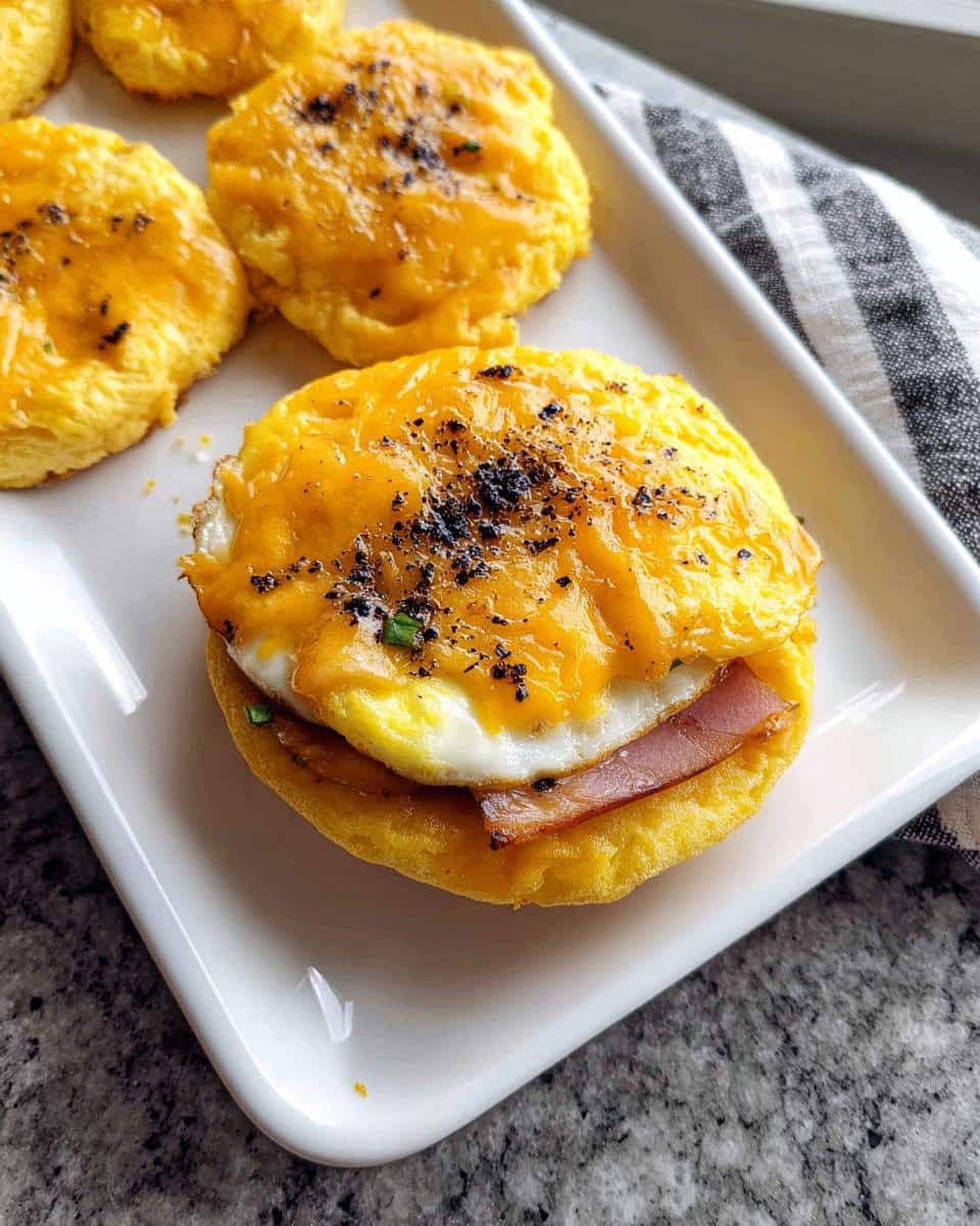 A close-up of a Gluten-Free Breakfast Sandwich (No Bread) made with egg, ham, and melted cheddar cheese on a biscuit base.