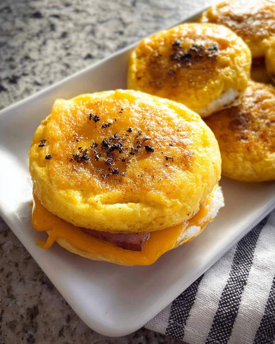 A close-up of a Gluten-Free Breakfast Sandwich (No Bread) made with fluffy egg rounds, cheese, and ham.