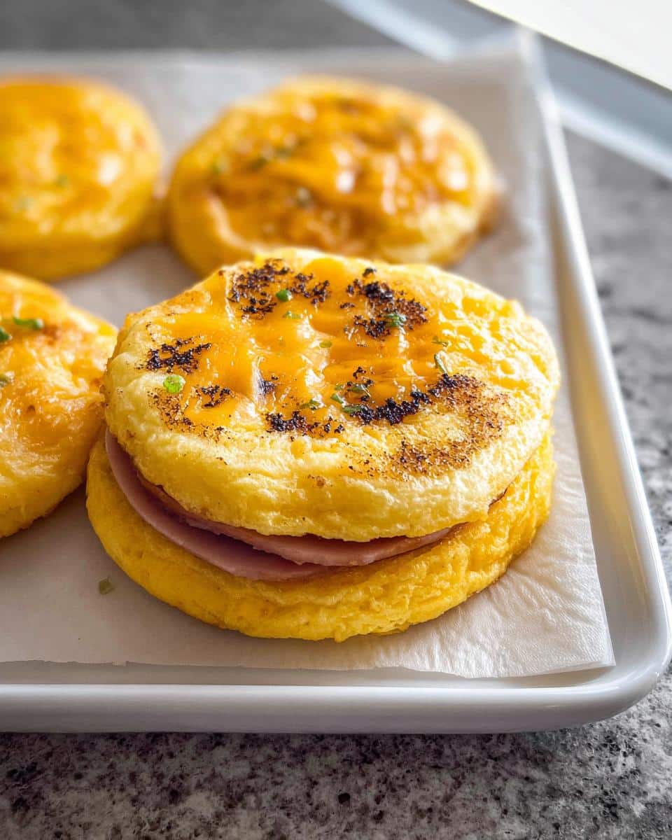 A close-up of a Gluten-Free Breakfast Sandwich (No Bread) made with egg patties, ham, and melted cheddar cheese.
