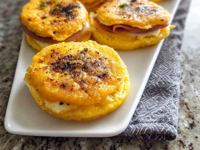 Close-up of assembled Gluten-Free Breakfast Sandwich (No Bread) using baked egg rounds instead of bread, filled with ham and cheese.
