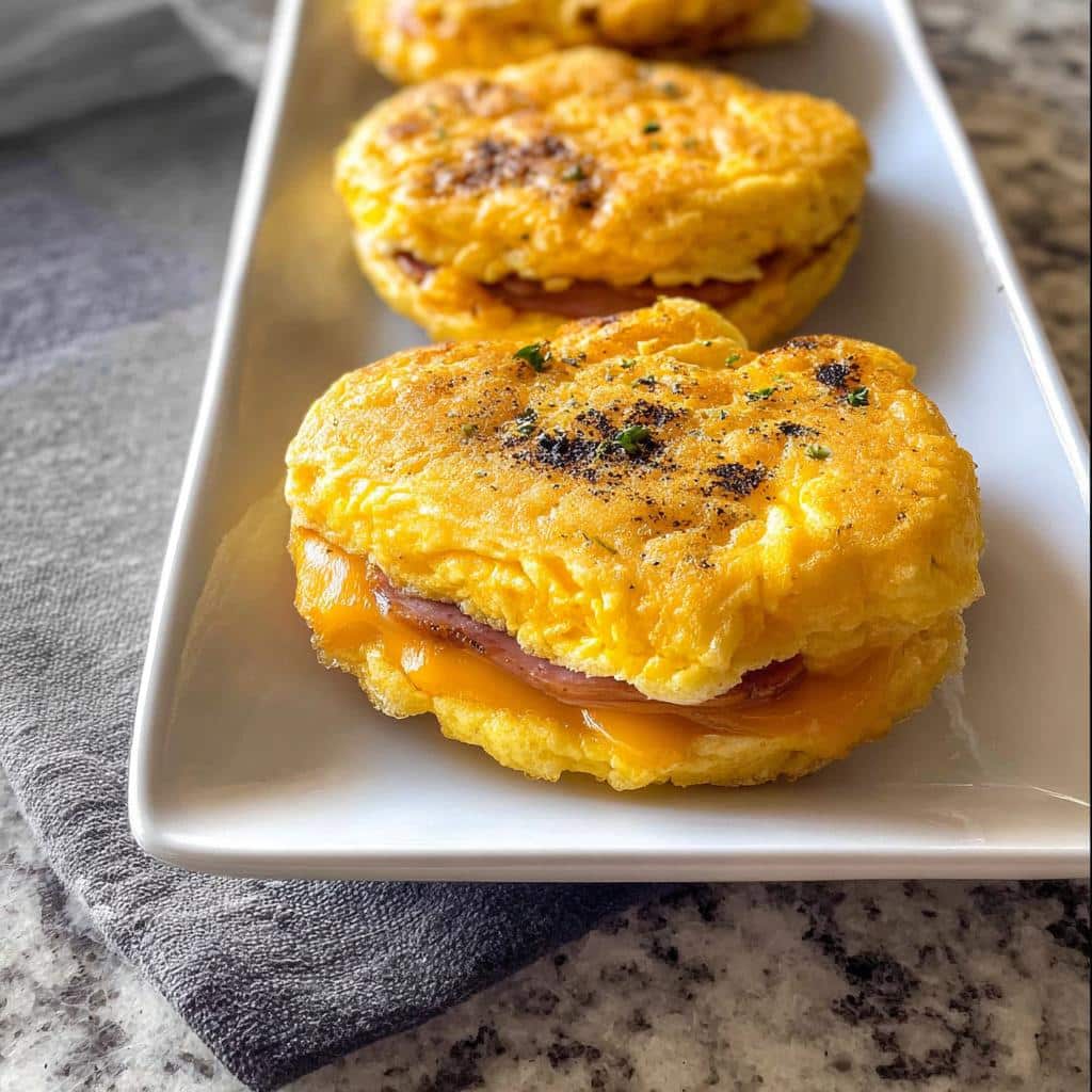 Close-up of a Gluten-Free Breakfast Sandwich (No Bread) made with egg patties, ham, and melted cheese.