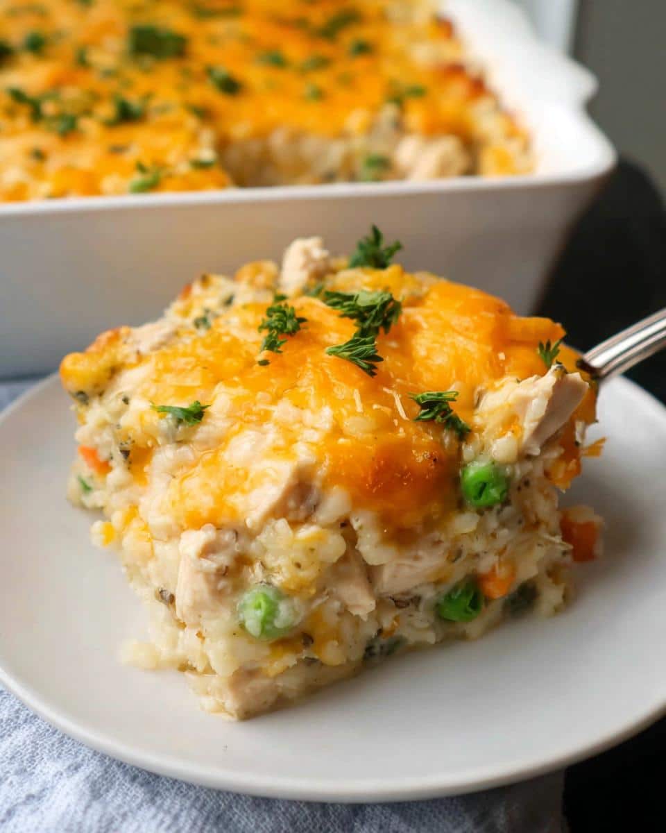 A serving of creamy Gluten-Free Chicken and Rice Casserole topped with melted cheddar cheese and parsley.