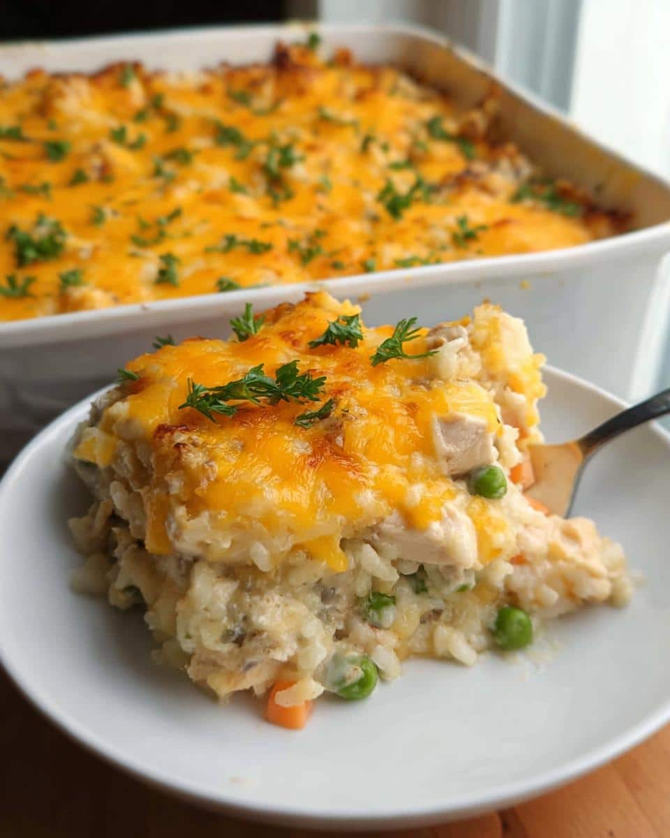 A generous serving of Gluten-Free Chicken and Rice Casserole topped with melted cheddar cheese and parsley.