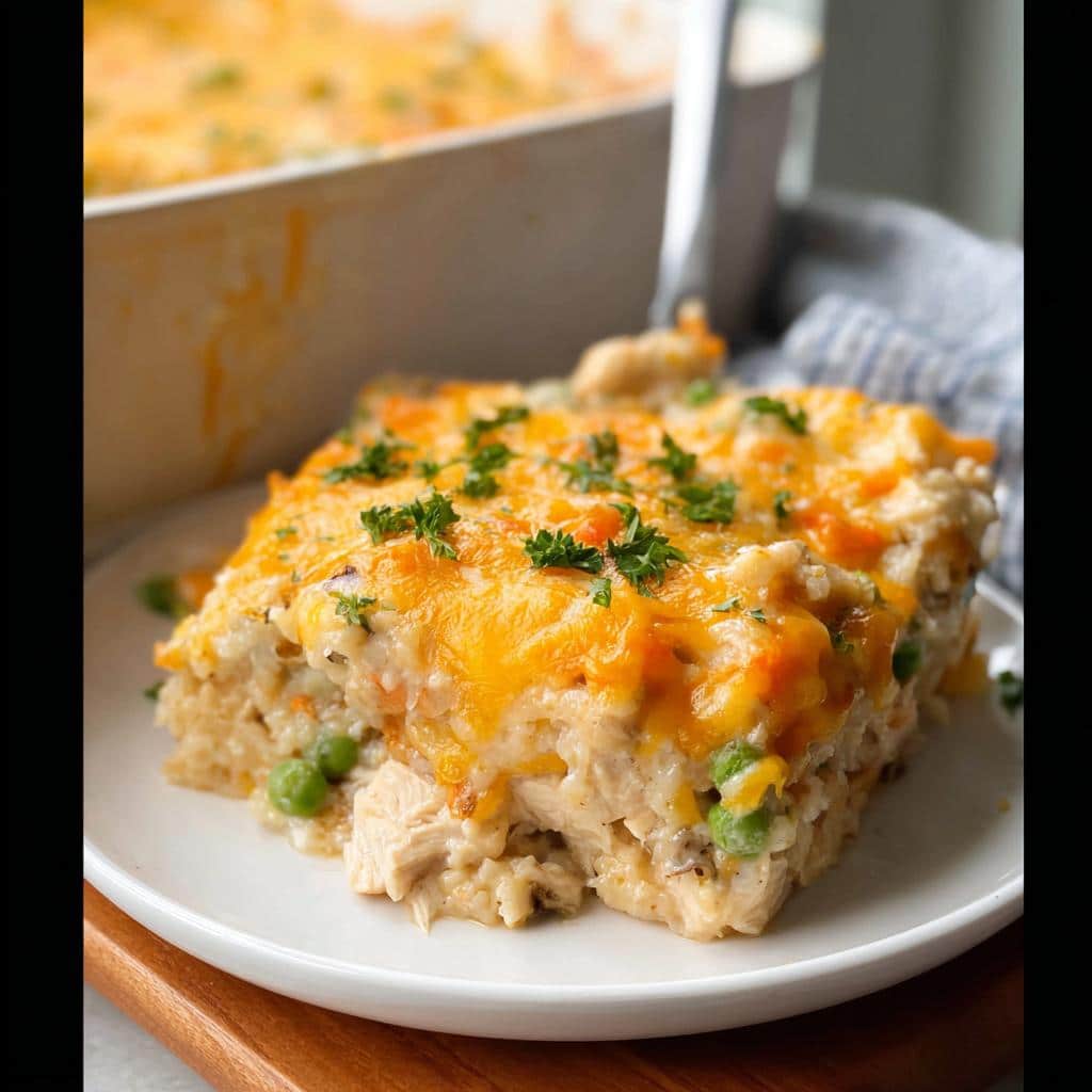 A generous serving of Gluten-Free Chicken and Rice Casserole topped with melted cheddar cheese and parsley.